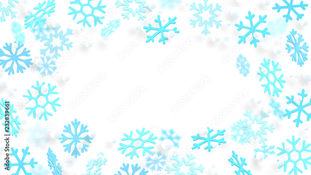Snowflakes frame. New Year wallpaper. 3d snowflakes. Year of Pig. Winter holiday. Christmas. December. Pastel. Minimalism. Trendy modern illustration.