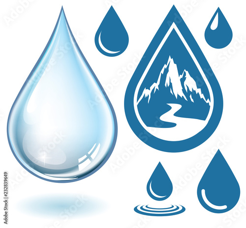 Vector realistic water drop and set of icons