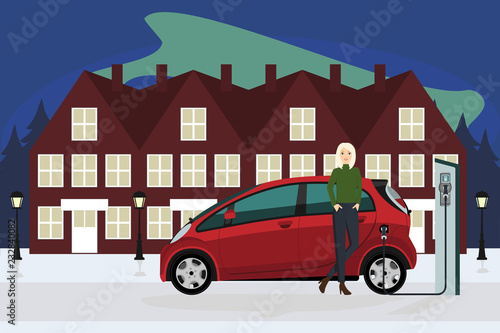 Woman charges an electric car at a charging station. Vector illustration
