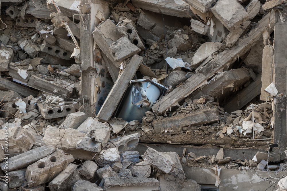 destroyed building - Concrete stone debris from destroyed building 