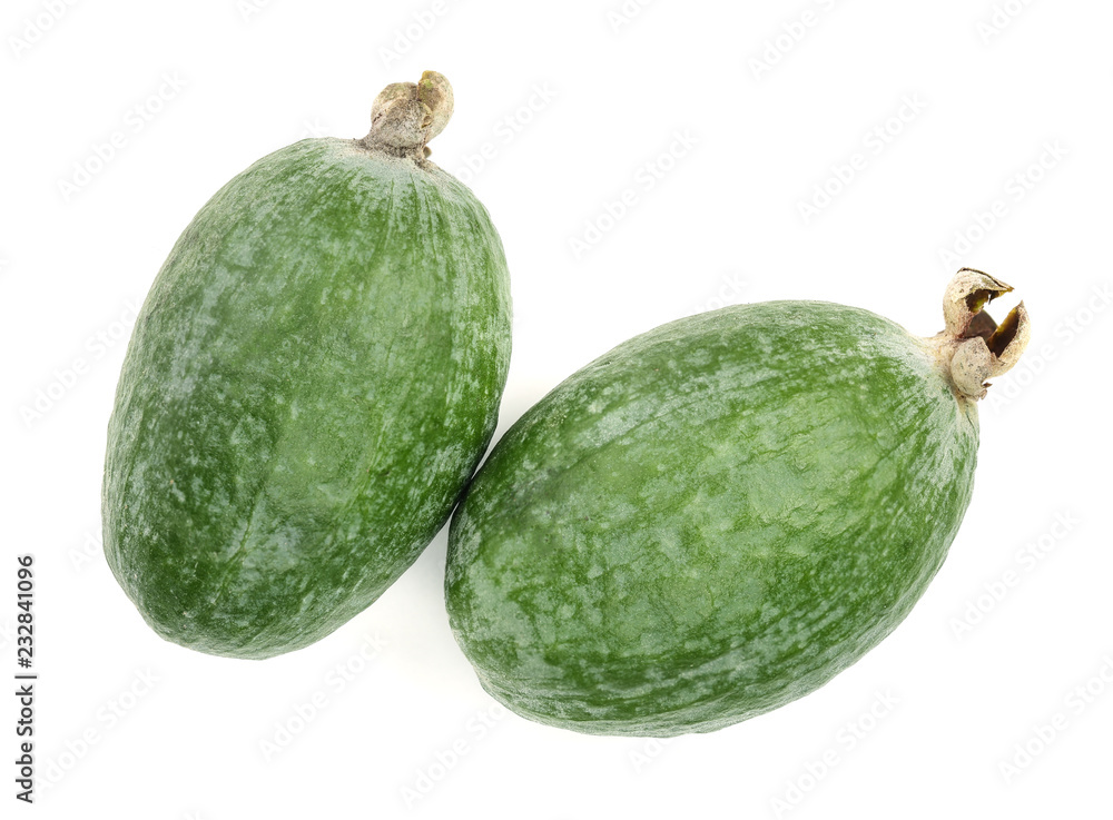 Tropical fruit feijoa Acca sellowiana isolated on white background. Top view. Flat lay pattern Tropical fruit feijoa Acca sellowiana isolated on white background. Top view. Flat lay pattern