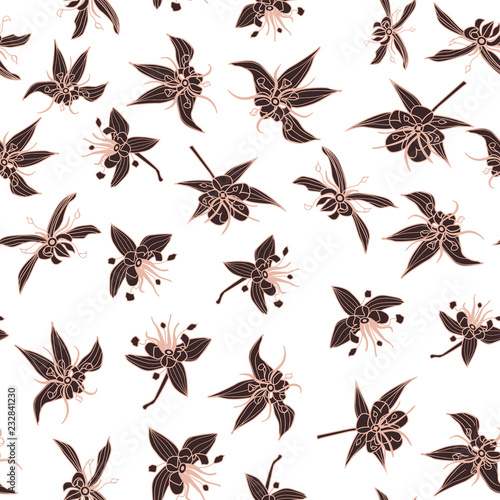Exotic cacao tree flowers seamless vector pattern background