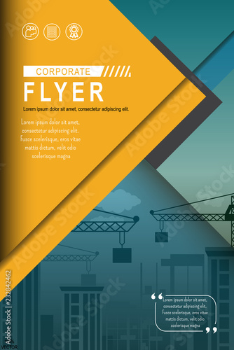 Business urban abstract vector template with city construction and cranes. Brochure design, cover modern layout, annual report, poster, flyer with colorful, geometric shapes for tech, science, market 