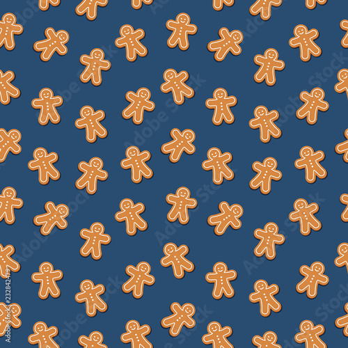 Gingerbread man cookie seamless pattern blue background