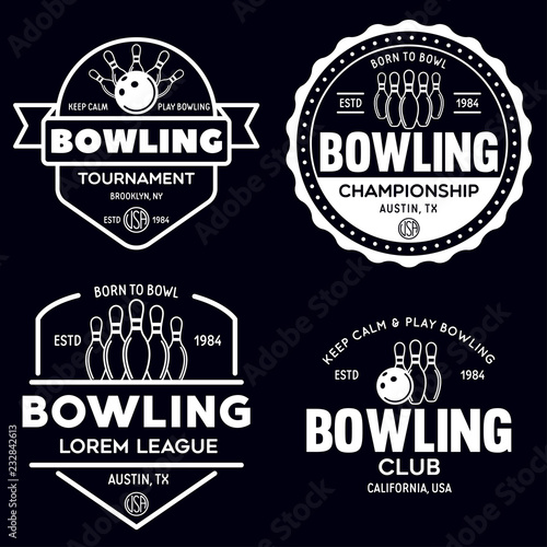 Set of vector vintage monochrome style bowling logo, icons and symbol. Bowling ball and bowling pins silhouettes. Trendy design elements.