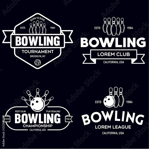 Set of vector vintage monochrome style bowling logo, icons and symbol. Bowling ball and bowling pins silhouettes. Trendy design elements.