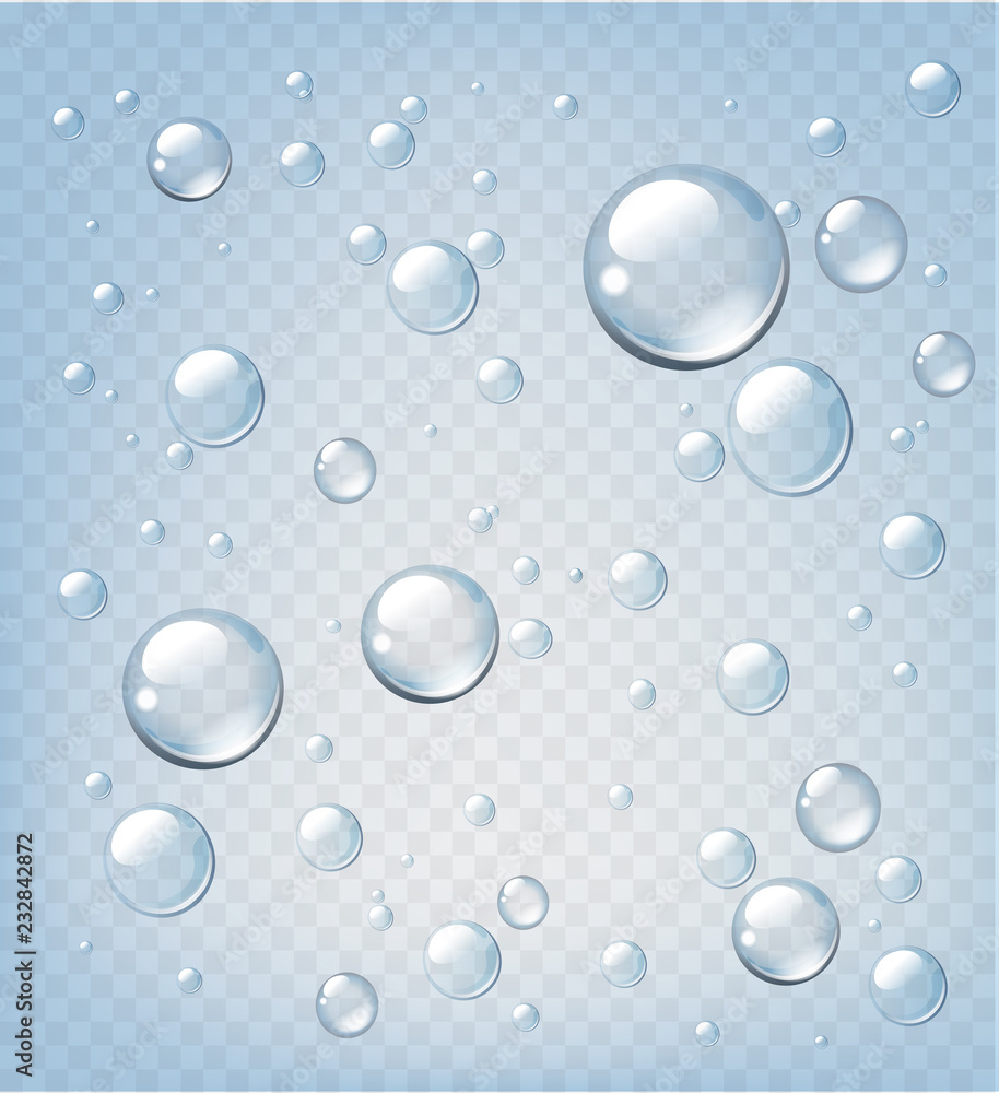 Transparent vector realistic water drops on light background