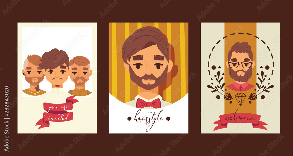 Barber tie men cartoon characters vector illustration. Hairstyle and haircut  for young and old men. Welcome to gentlemen s club banner, flyer,  invitation, brochure, poster. Stock Vector | Adobe Stock