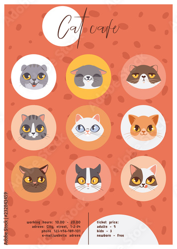 Cat cafe faces or heads poster vector illustration. Cartoon animal happy muzzles. Cat cafe advertisement banner, flyer, invitation, brochure beautiful pets.