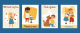 Children with pets friendship cards vector illustration. Love child dog and cat.
