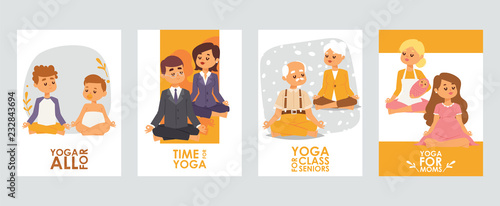 Banners with happy people cartoon meditating characters for different occasions, classes for children, for office workers, for pensioners and moms. Treatment for soul and mind.