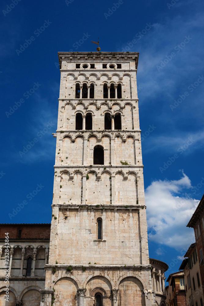 Saint Micheal in Foro Church medieval romanesque bell tower, erected in the 13th century in the city of Lucca, Tuscany