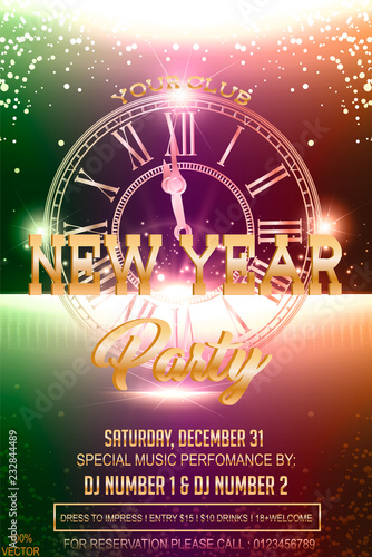 2019 New year eve invitation card with a watch, chimes, abstract gold pattern, sparkles, wine glass, lettering and serpentine on colorful bright background. Vector EPS 10