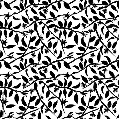 Black and white cacao tree flowers on branches silhouettes seamless vector pattern background.