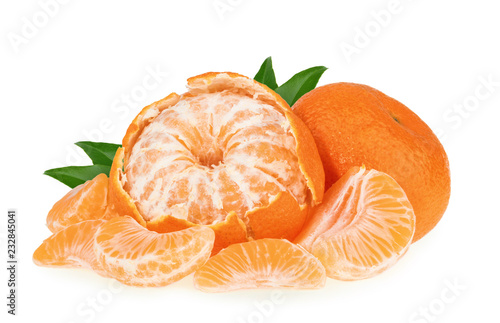 Tangerines with slices isolated on white background