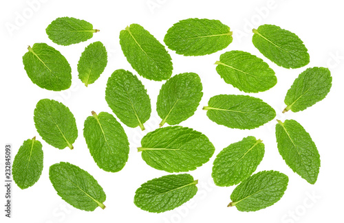 Mint leaves on a white top view