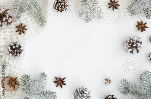 Winter frame. Christmas pine conesand fir tree branches, anise star on white background. Top view, flat lay, copy space. hero header mockup