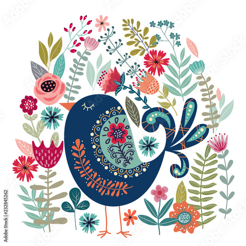 Art vector colorful illustration with beautiful abstract folk bird and flowers.