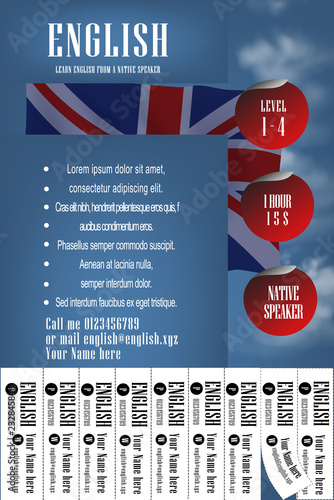 Learning British English course banner design concept, language course, English realistic flag on cloud background, vector EPS 10