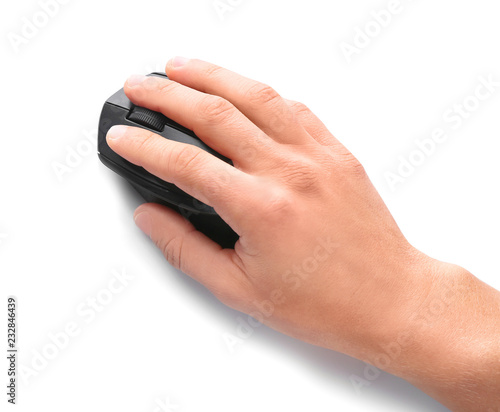 Man using computer mouse on white background, top view. Space for text