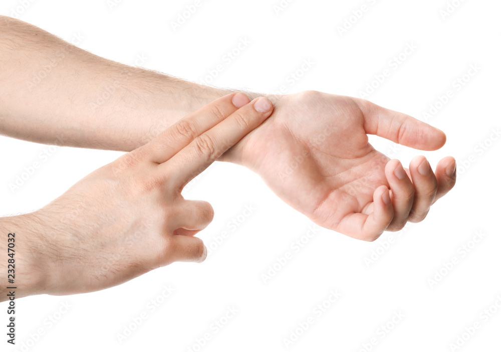 Man checking pulse on wrist against white background, closeup Man checking pulse on wrist against white background, closeup