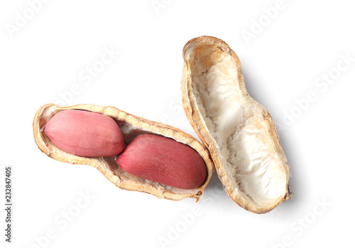 Raw peanuts in pod on white background, top view