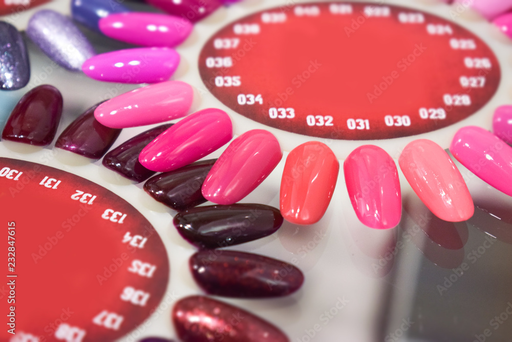 Different Colorful Nails Polish Manicure Palette Background Samples Of Nail  Varnishes False Display Nail Art Fan