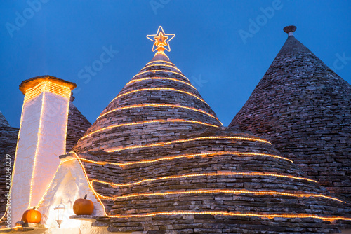 trulli in Alberobello in Christmas lights in Italy