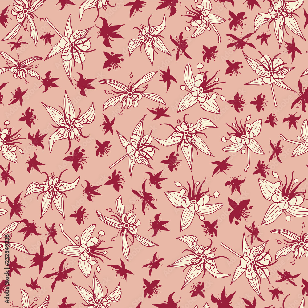 Pink cocoa flowers and silhouettes seamless vector pattern background.