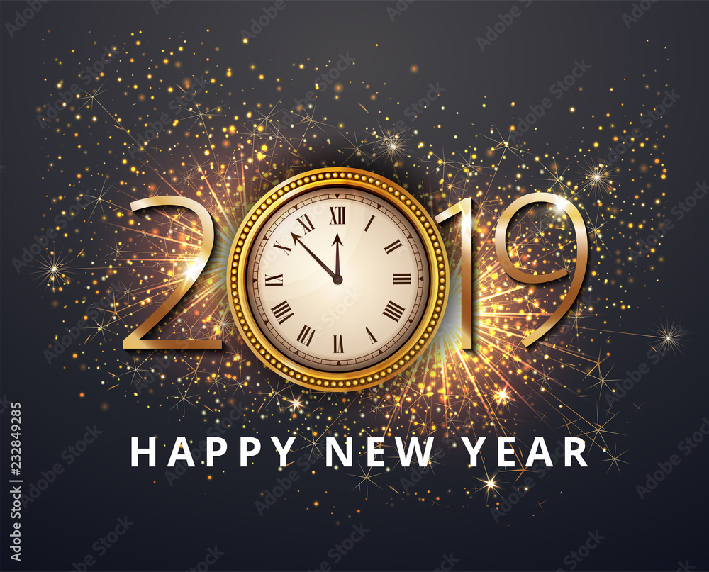 Vector stock Gold 2019 Christmas or New Year celebration premium luxury dark background with clock midnight and gold glittering shine  glitter firework sparkler decoration. Winter celebrate template