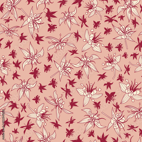 Pink cocoa flowers and silhouettes seamless vector pattern background.