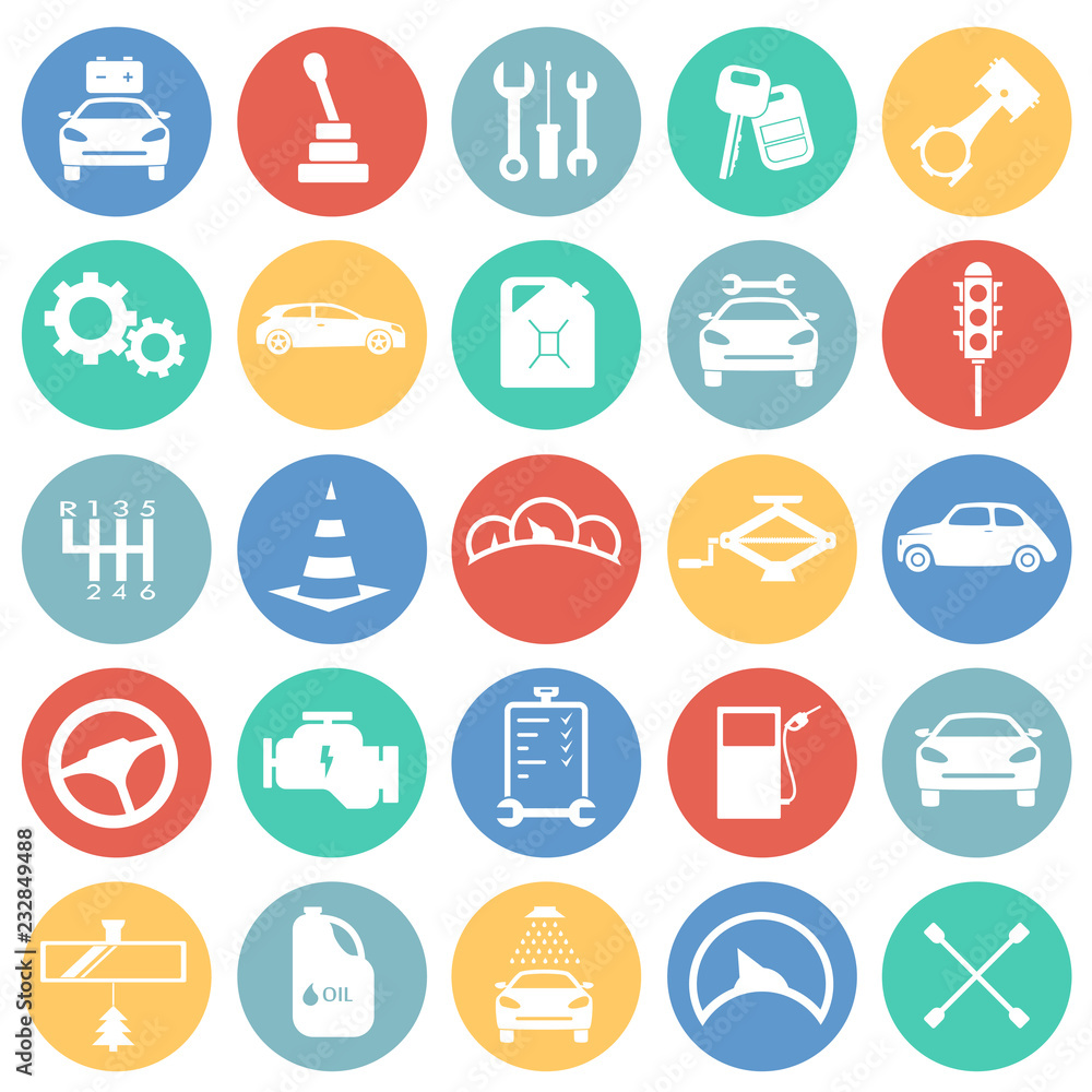 Car and service set on color circles background icons