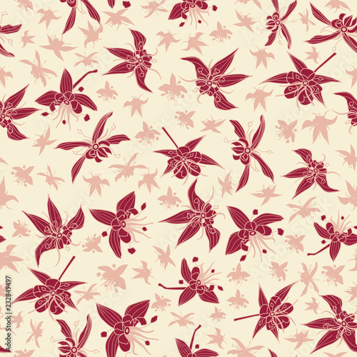 Pink cocoa flowers and silhouettes seamless vector pattern background. © KaliaZen