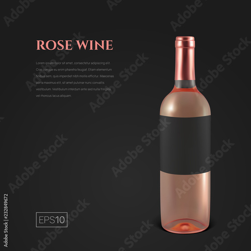 Photorealistic bottle of rose wine on a black background. Mock up transparent bottle of wine. Template for presentation in a minimalist style.