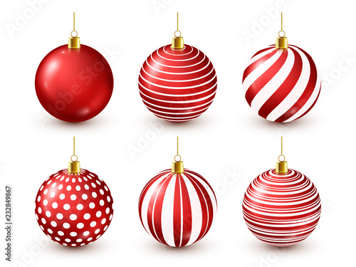 Christmas Tree Shiny Red Balls Set. New Year Decoration. Winter Season. December Holidays. Greeting Gift Card Or Banner Element.