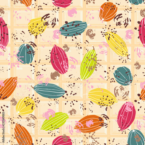 Colorful stylized cacao pods in candy colors on white chocolate tablet. Seamless vector pattern background.