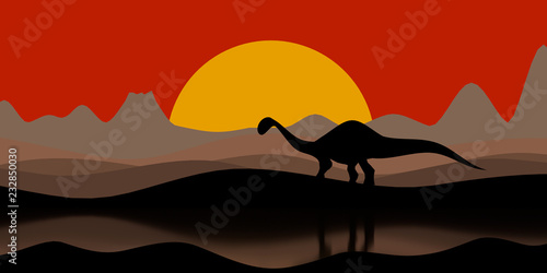 Fototapeta Naklejka Na Ścianę i Meble -  Silhouette of a dinosaur on sunset evening with a volcano and mountains on the background 3D illustration