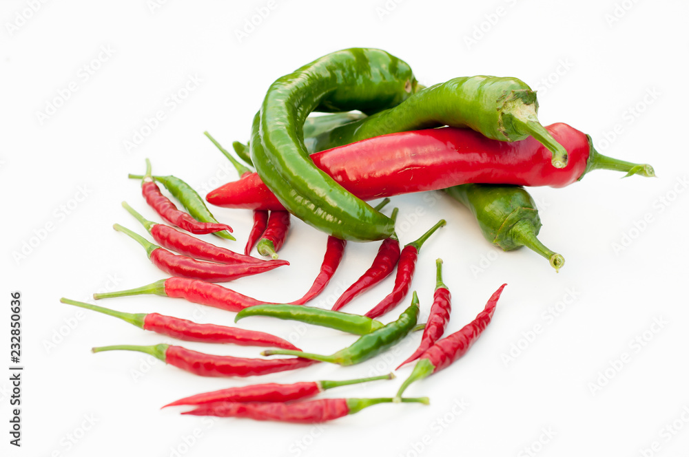 Pepper bitter red and green hot chilli. White background.