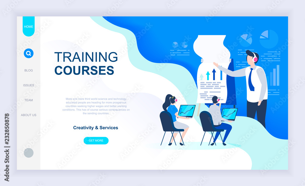 Modern flat design concept of Training Courses with decorated small people character for website and mobile website development. UI and UX design. Landing page template. Vector illustration.