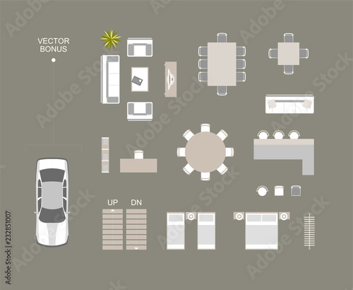 Vector furniture icons top view with bed, sofa, dining table, chairs, bar, bookshelves, hanger.  Vector car top view bonus icon. These design elements may be used for house plan top view illustration.