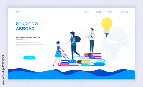 Modern flat design concept of Studying Abroad with decorated small people character for website and mobile website development. UI and UX design. Landing page template. Vector illustration.