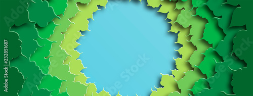 Banner for social networks caps. Green foliage. Abstract background in paper cut style. Vector