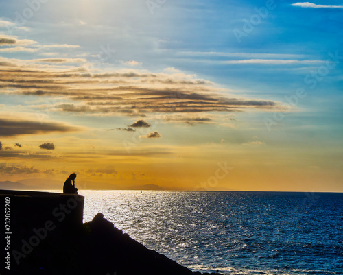 Silhouette of a pensive woman sitting on a wall facing a twilight background.