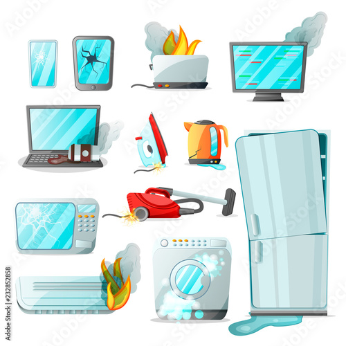 Cartoon flat consumer electronics home appliances with different damages,vector set.Broken household goods-laptop,mobile phone,tablet,monitor,microwave,refrigerator,washing machine,vacuum cleaner etc