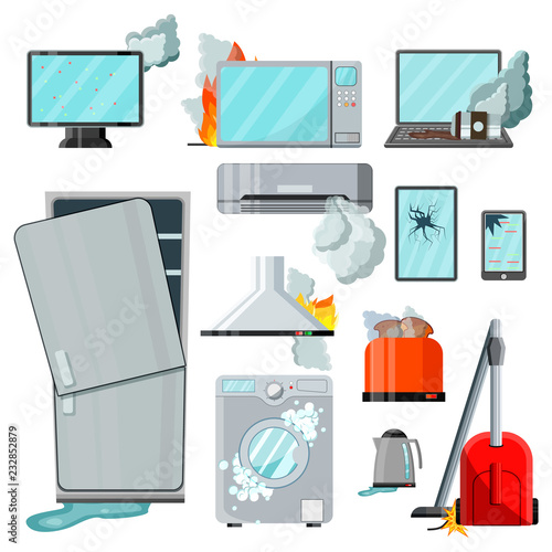 Modern flat home appliances consumer electronics with different damages,vector set.Broken household goods-laptop,mobile phone,tablet,monitor,microwave,refrigerator,washing machine,vacuum cleaner etc