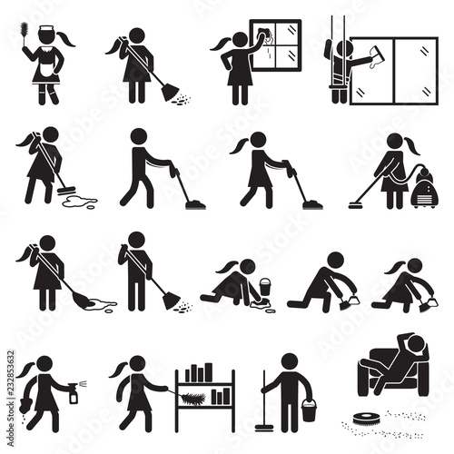 People cleaning icon set. Vector.