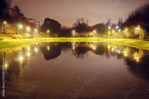 City pond with illumination around the radius with the reflection of lights