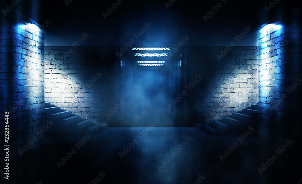 Background of an empty room with brick walls and concrete floor. Empty room, stairs up, elevator, smoke, smog, neon lights, lanterns
