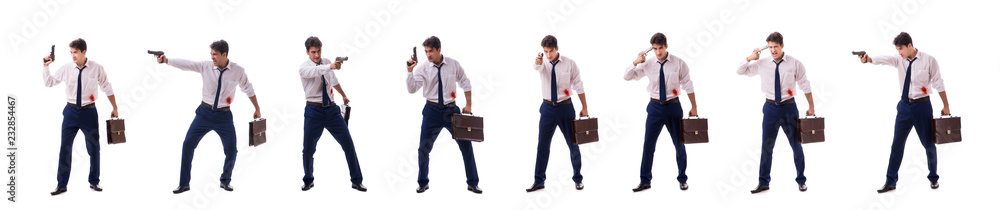 Businessman wounded in gun fight isolated on white Businessman wounded in gun fight isolated on white