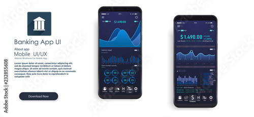 Mobile app infographic template with modern design weekly and annual statistics graphs. Pie charts, workflow, UI elements. Digital money market, investment, finance and trading. Perfect for web design